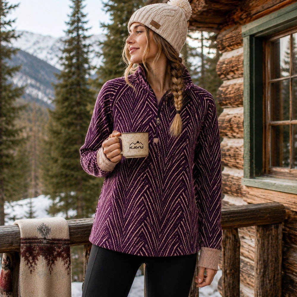 Kavu Size L Womens Purple Chevron Knit Pullover Sweater Quarter Zip Gorpcore